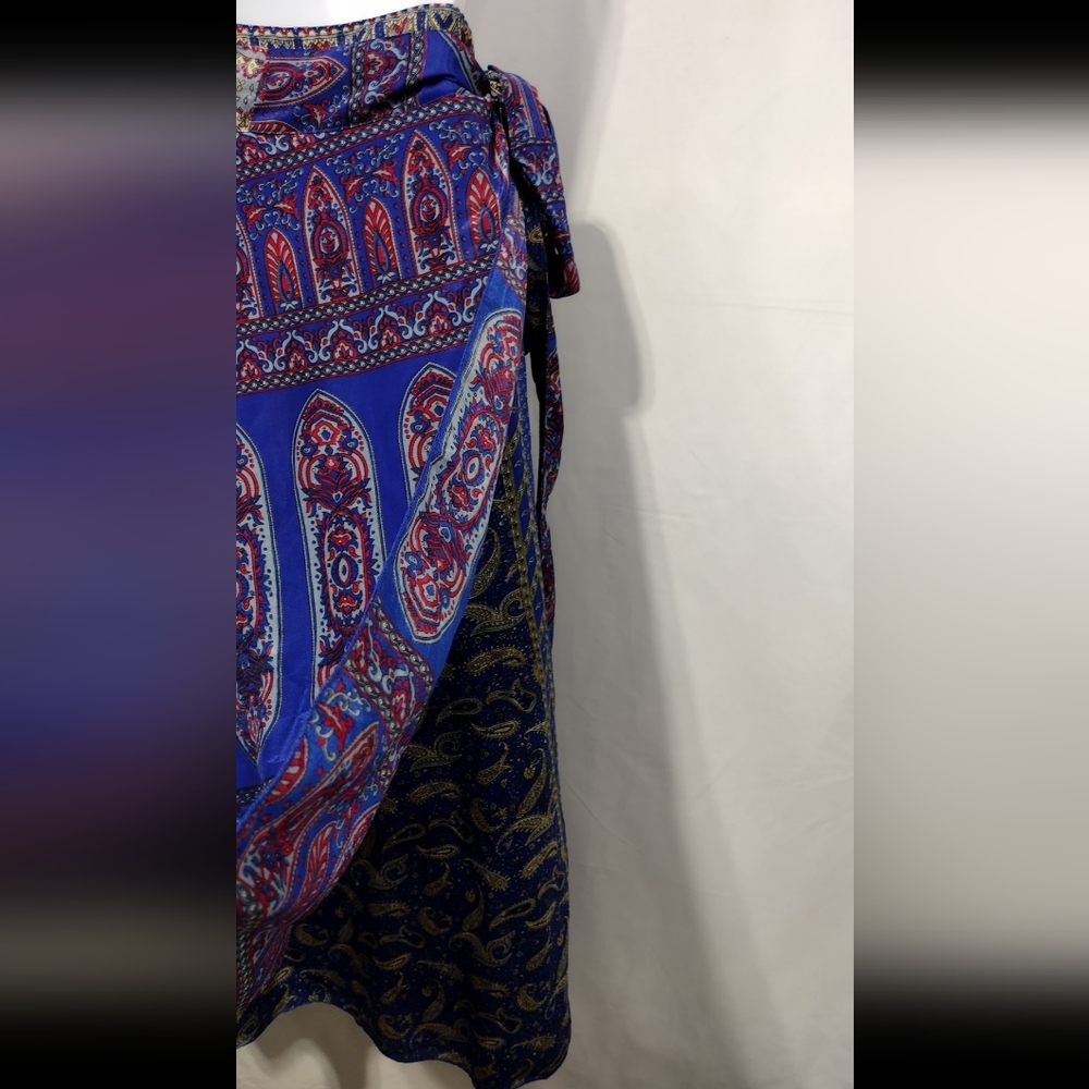 Women's Paisley Artsy Wrap Skirt OS Blue Boho Retro 90s Y2K Festival Beach - Picture 7 of 8